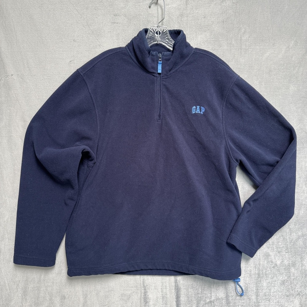 Gap Sweatshirt Mens Large Blue 1/4 Zip Fleece Pullover Mock Neck Logo Adjustable